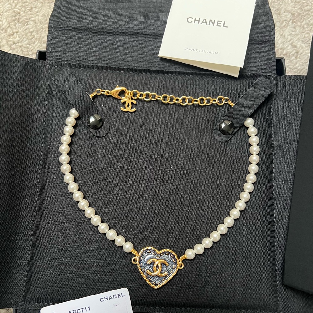 Chanel Denim Heart White Pearl Necklace